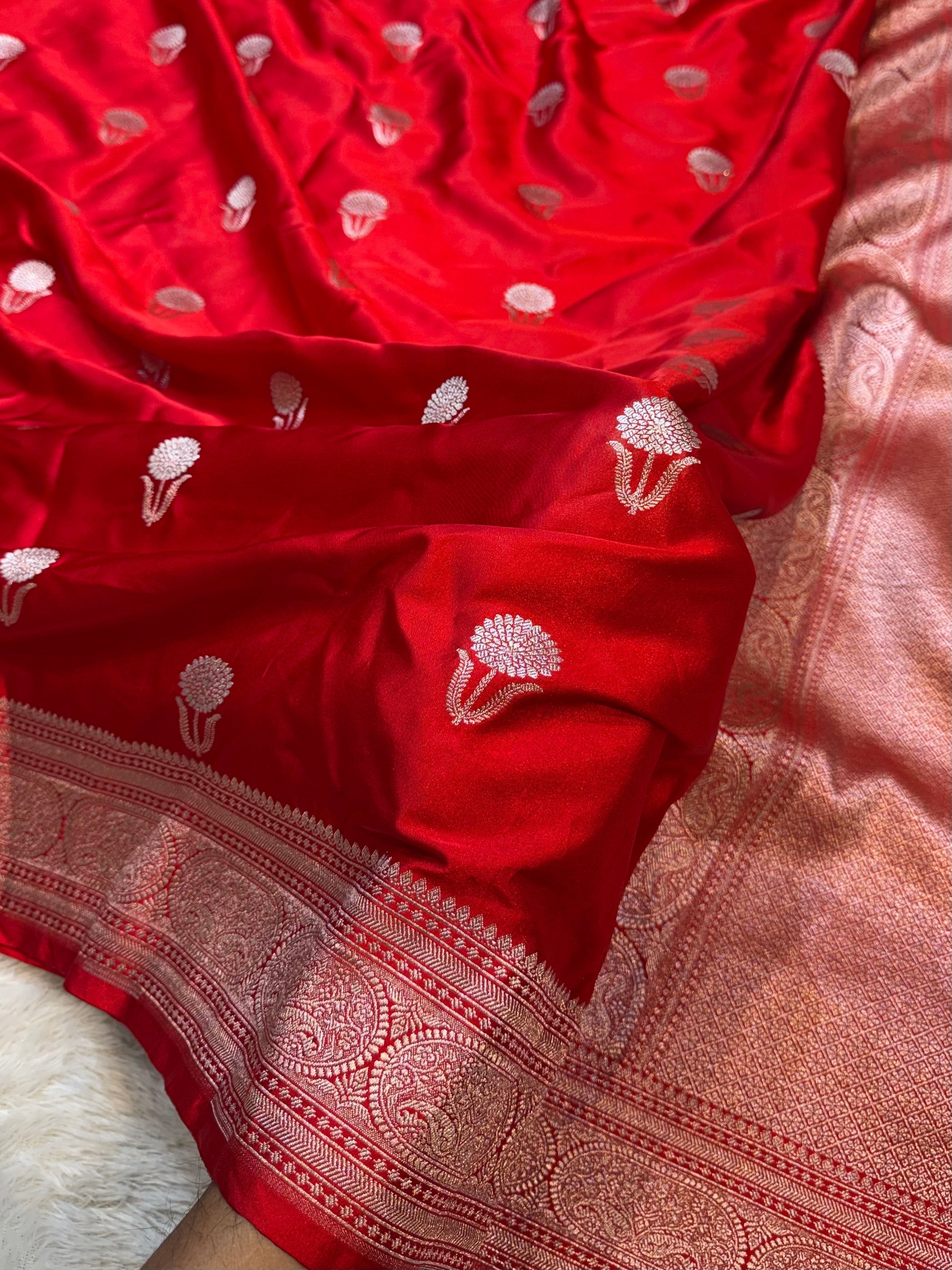 Red Banarasi Soft Meenakari Mashru Silk Partywear Saree