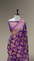 Purple Pure Handloom Ektara Banarasi Kora Jamdani Saree