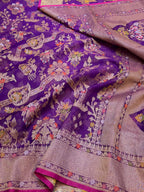 Purple Pure Handloom Ektara Banarasi Kora Jamdani Saree