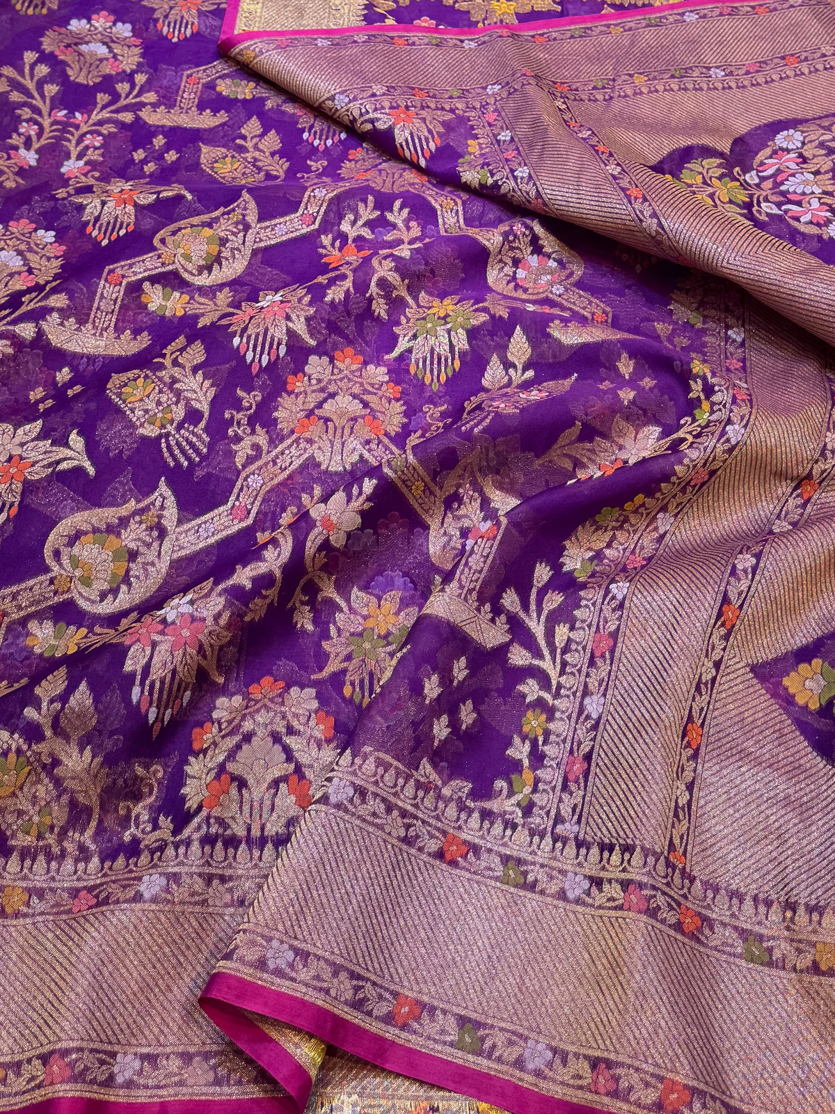 Purple Pure Handloom Ektara Banarasi Kora Jamdani Saree