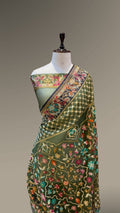 Dark Green Pure Handloom Banarasi Ektara Kora Jamdani Saree