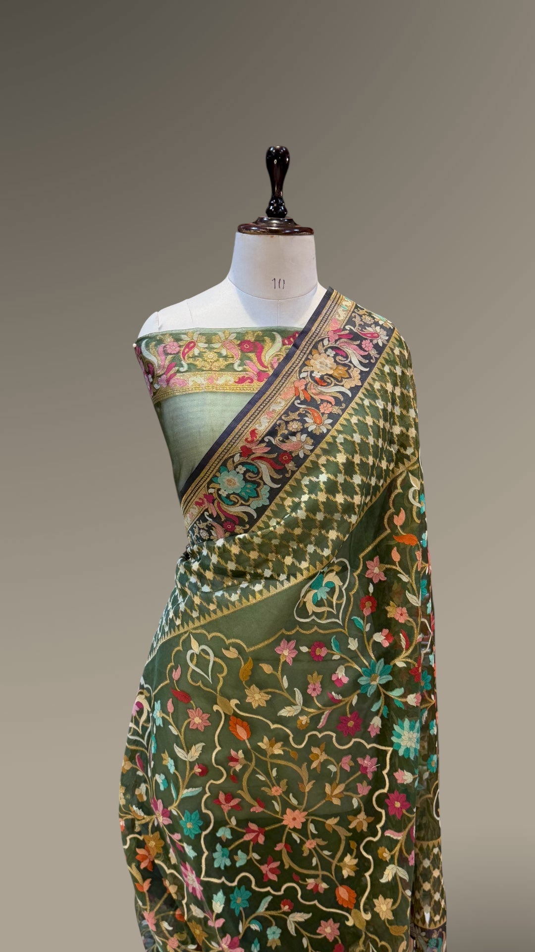 Dark Green Pure Handloom Banarasi Ektara Kora Jamdani Saree