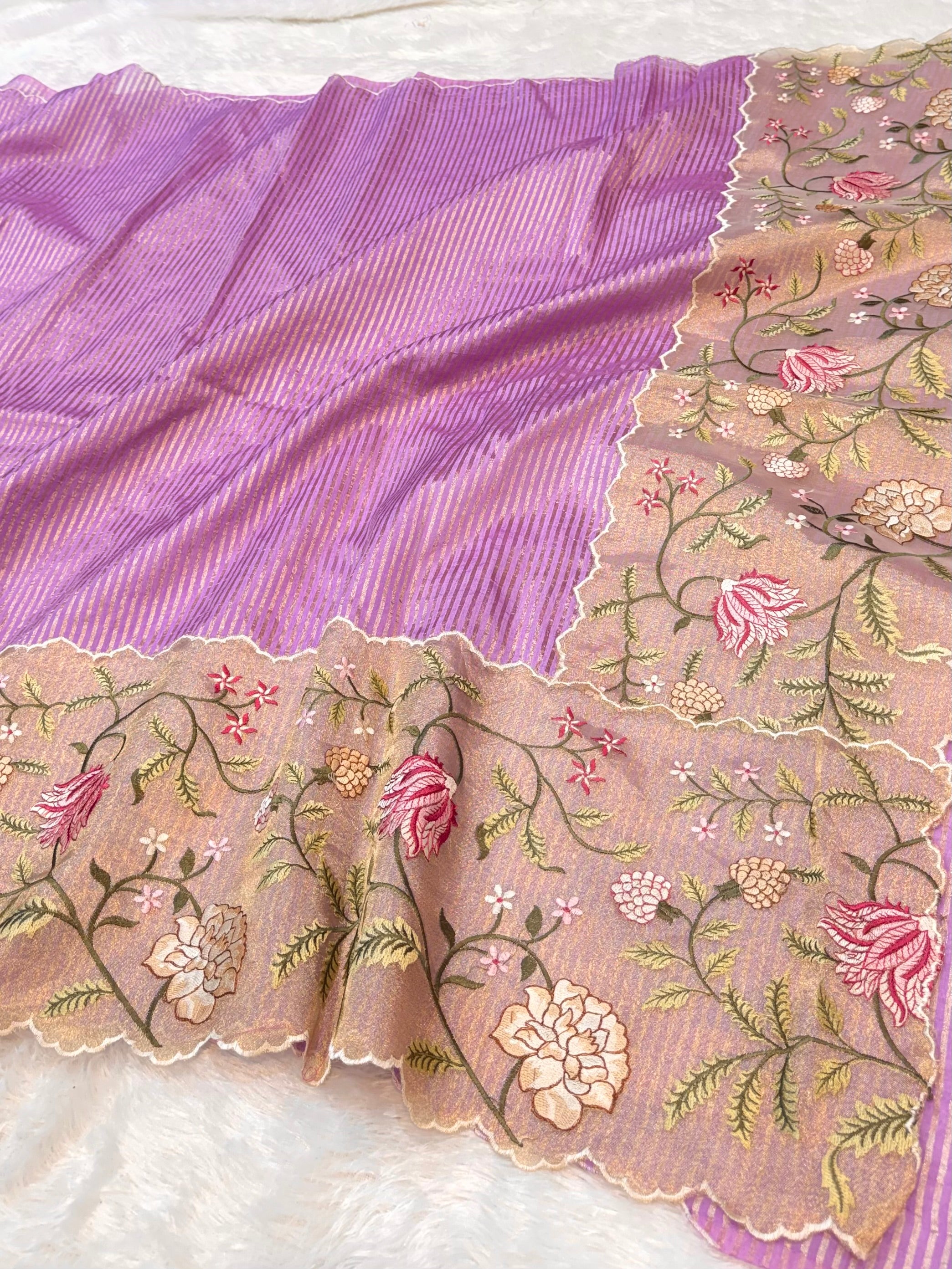 Lavender Tissue Silk Partywear Banarasi Embroidery Tissue Border Lightweight Sarees