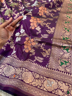 Wine Purple 100% Pure Banarasi Katan Silk Meenakari Saree