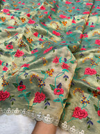 Diamond Green 100% Pure Handloom Double Tissue Petit work Partywear Banarasi Sarees