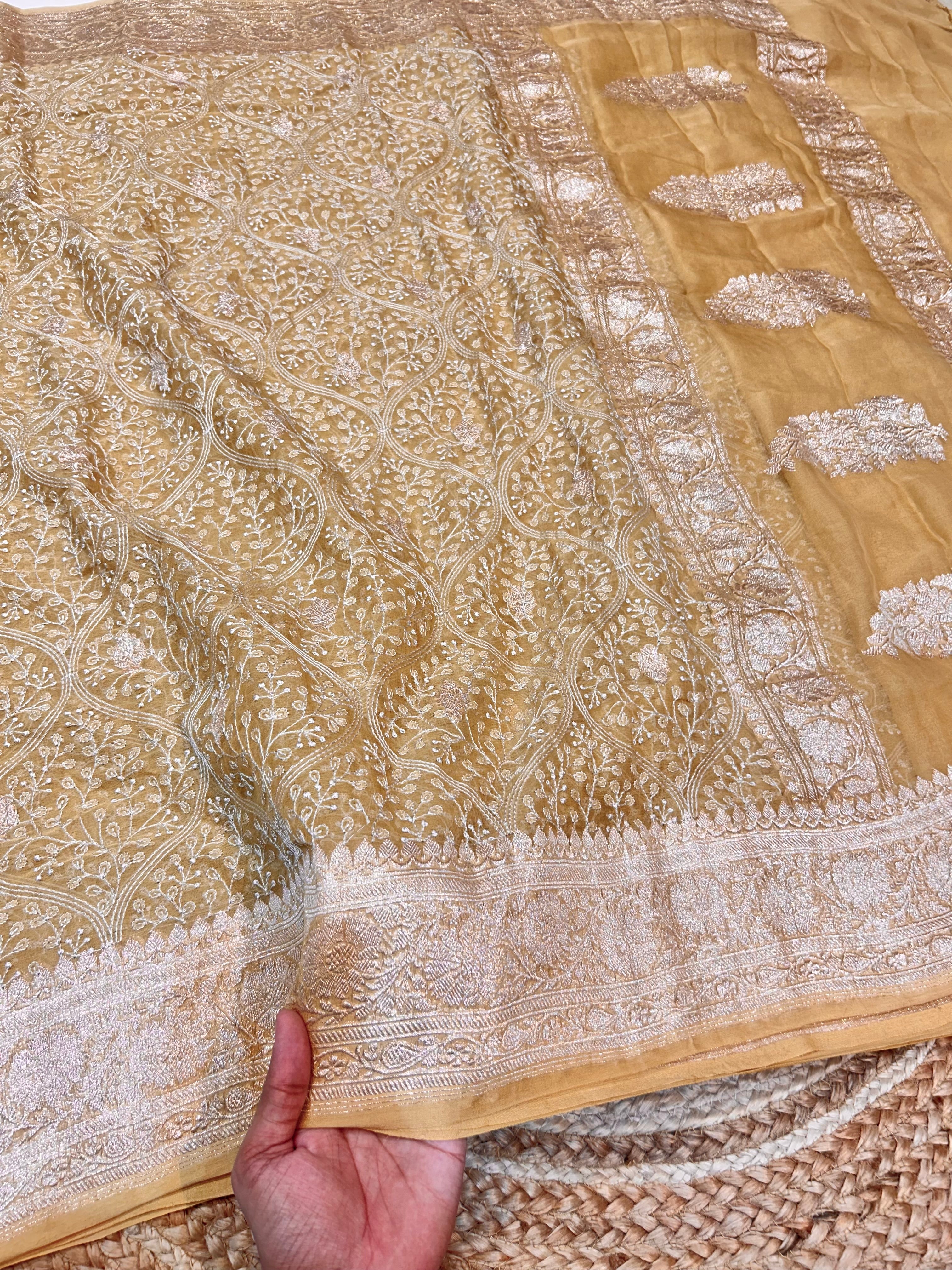 Tussar 100% Pure Khaddi Georgette Silver Zari ChikanKari Handloom Saree