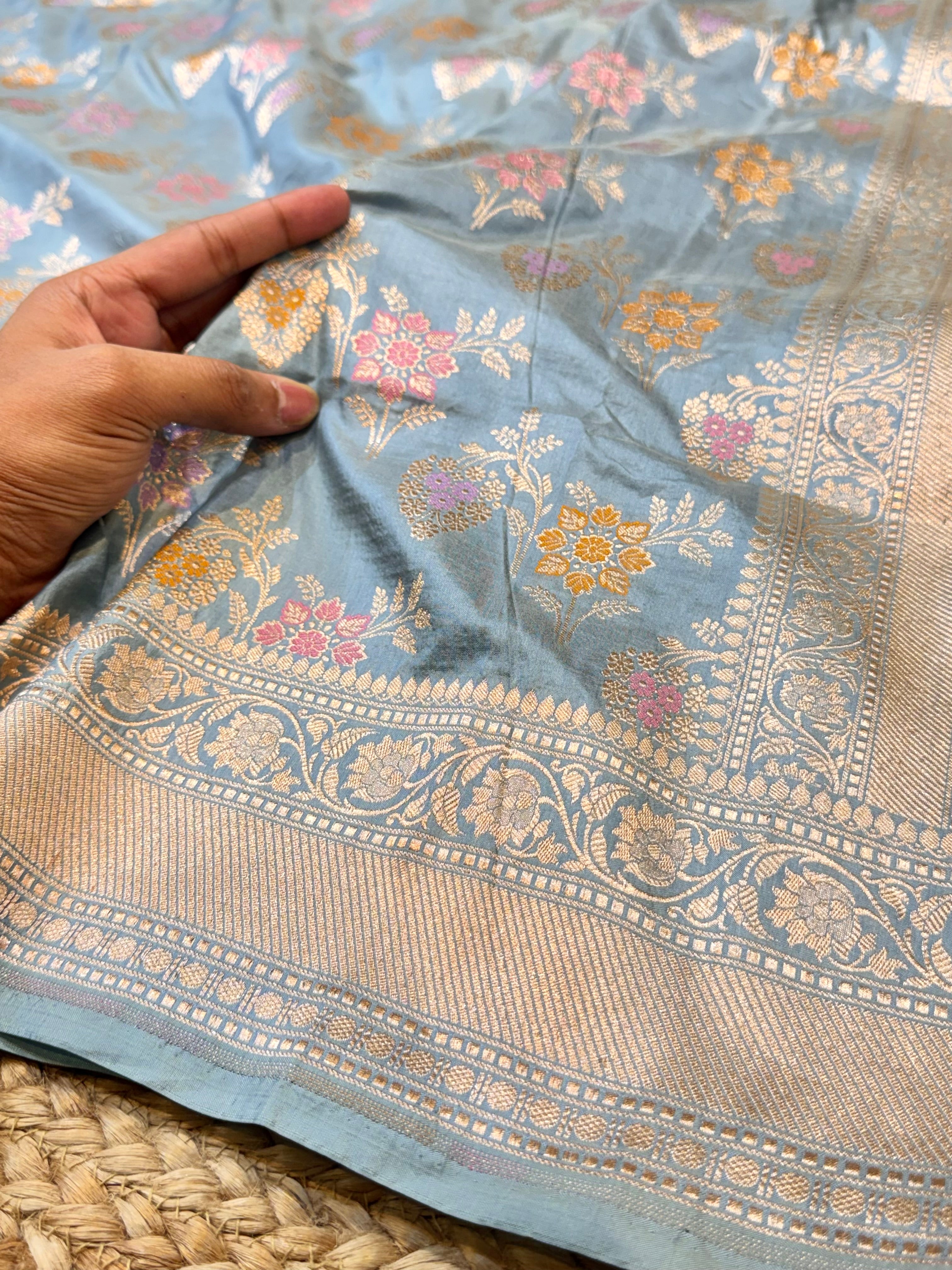 Powder Blue 100% Pure Banarasi Katan Silk Meenakari Saree