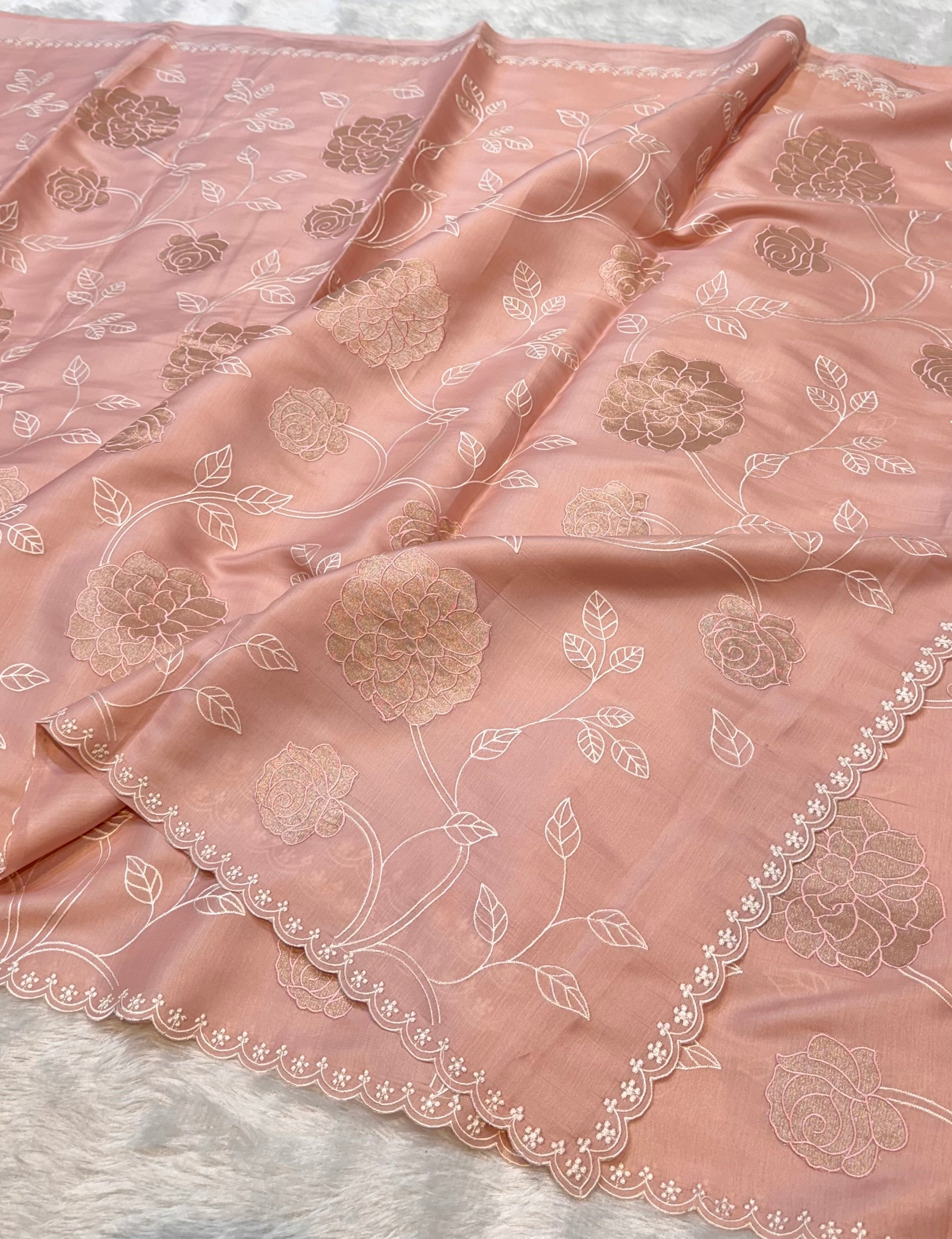 Peach Mango Silk Partywear Banarasi Embroidered Jaal with Tissue Applique Lightweight Sarees