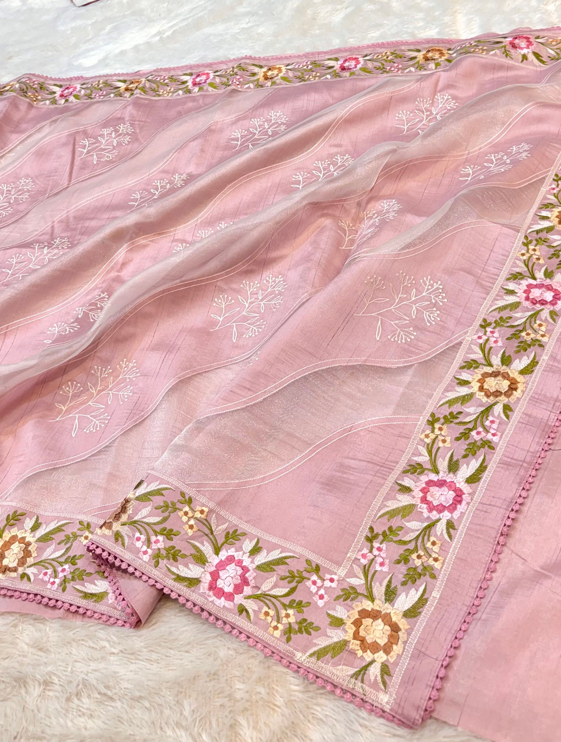 Pink Tussar Silk Partywear Banarasi Embroidery with Tissue Applique Lightweight Sarees