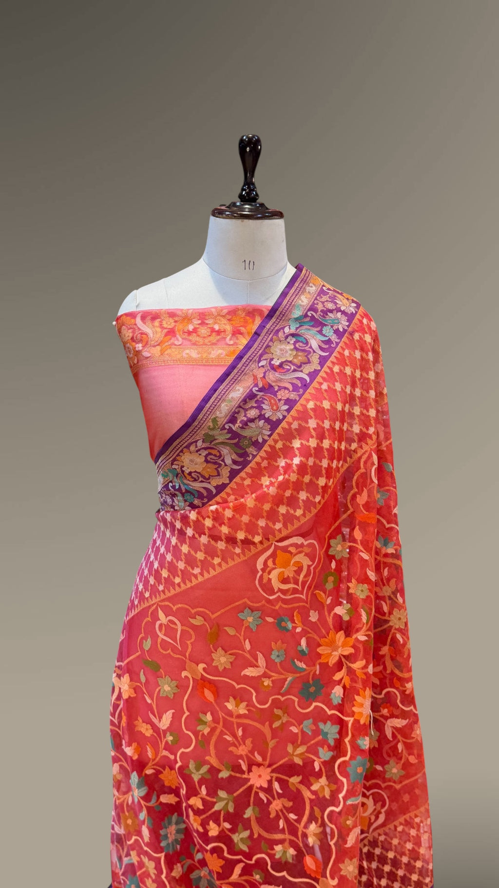Strawberry Pink Pure Handloom Banarasi Ektara Kora Jamdani Saree