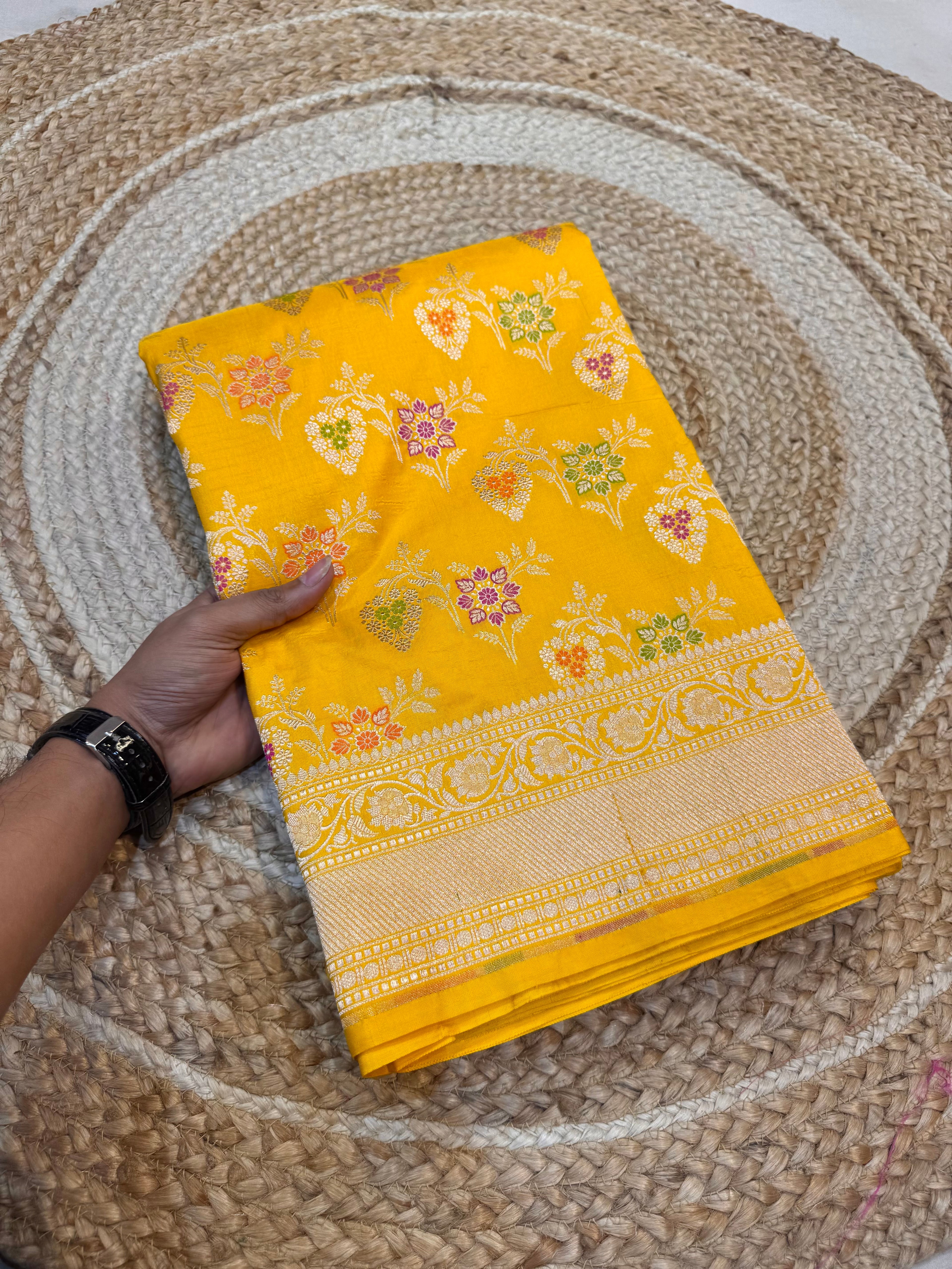 Prebook | Yellow 100% Pure Banarasi Katan Silk Meenakari Saree