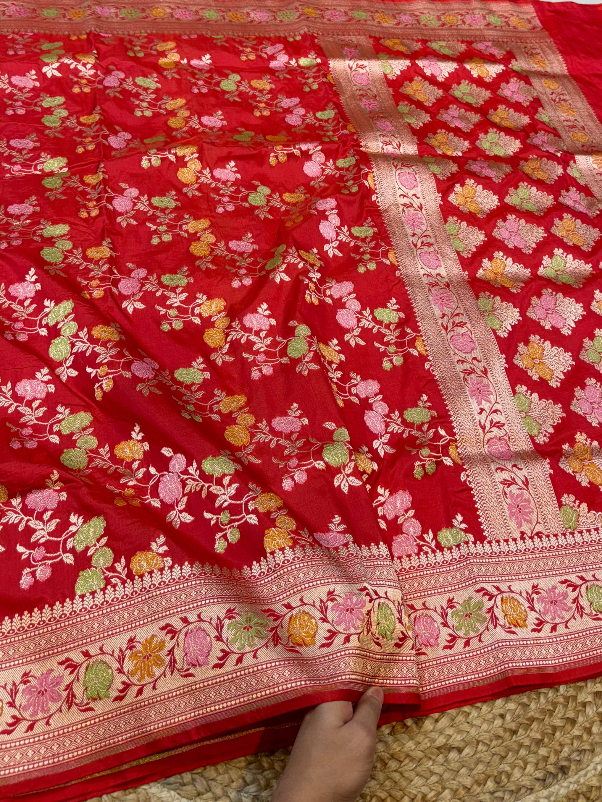 Prebook | Red 100% Pure Banarasi Katan Silk Meenakari Saree