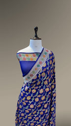 Royal Blue 100% Pure Banarasi Khaddi Georgette Meenakari Saree