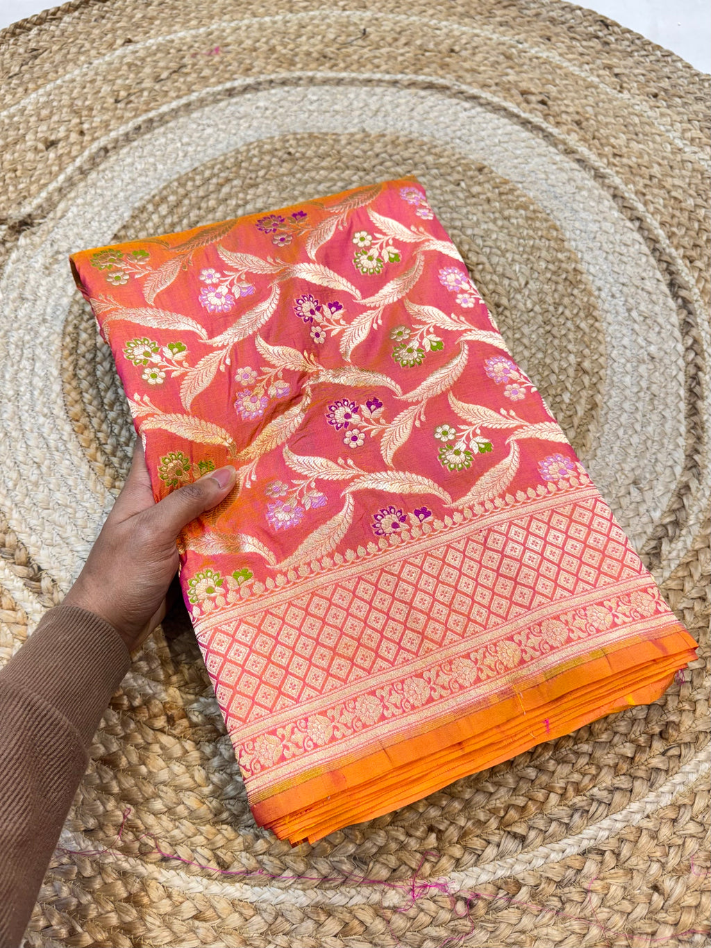 Dual shade Pink 100% Pure Banarasi Katan Silk Meenakari Saree