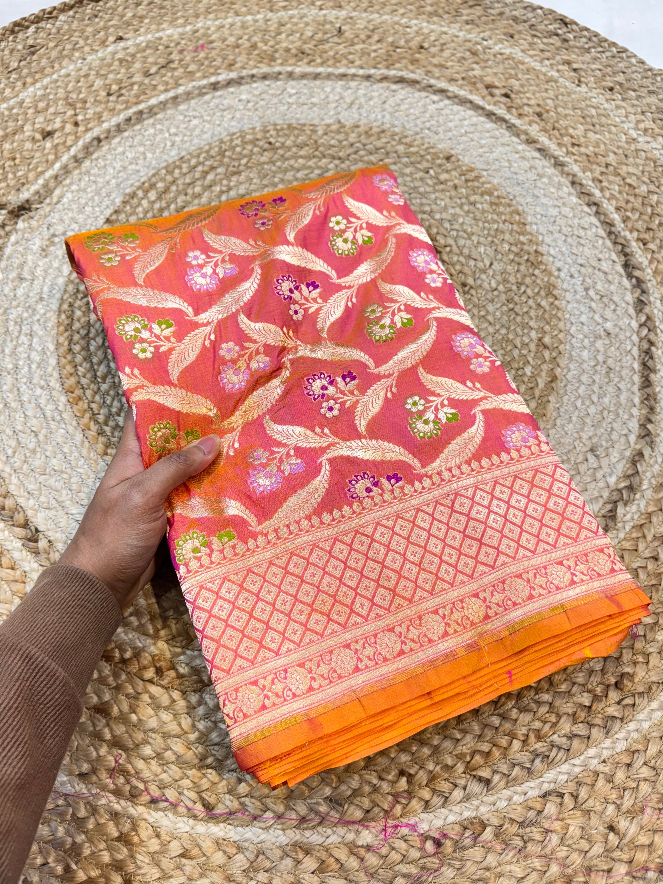 Dual shade Pink 100% Pure Banarasi Katan Silk Meenakari Saree