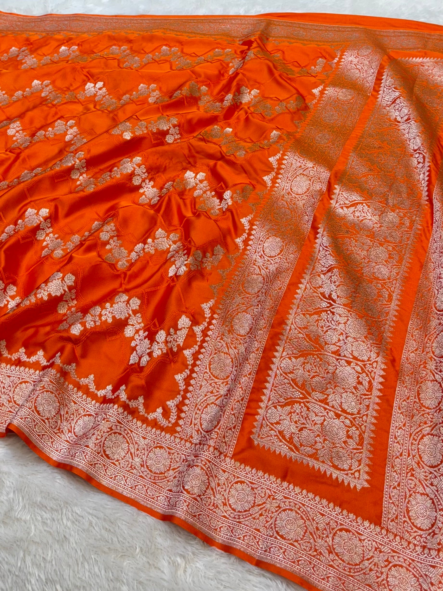 Fanta Orange Banarasi Soft Meenakari Mashru Silk Partywear Saree