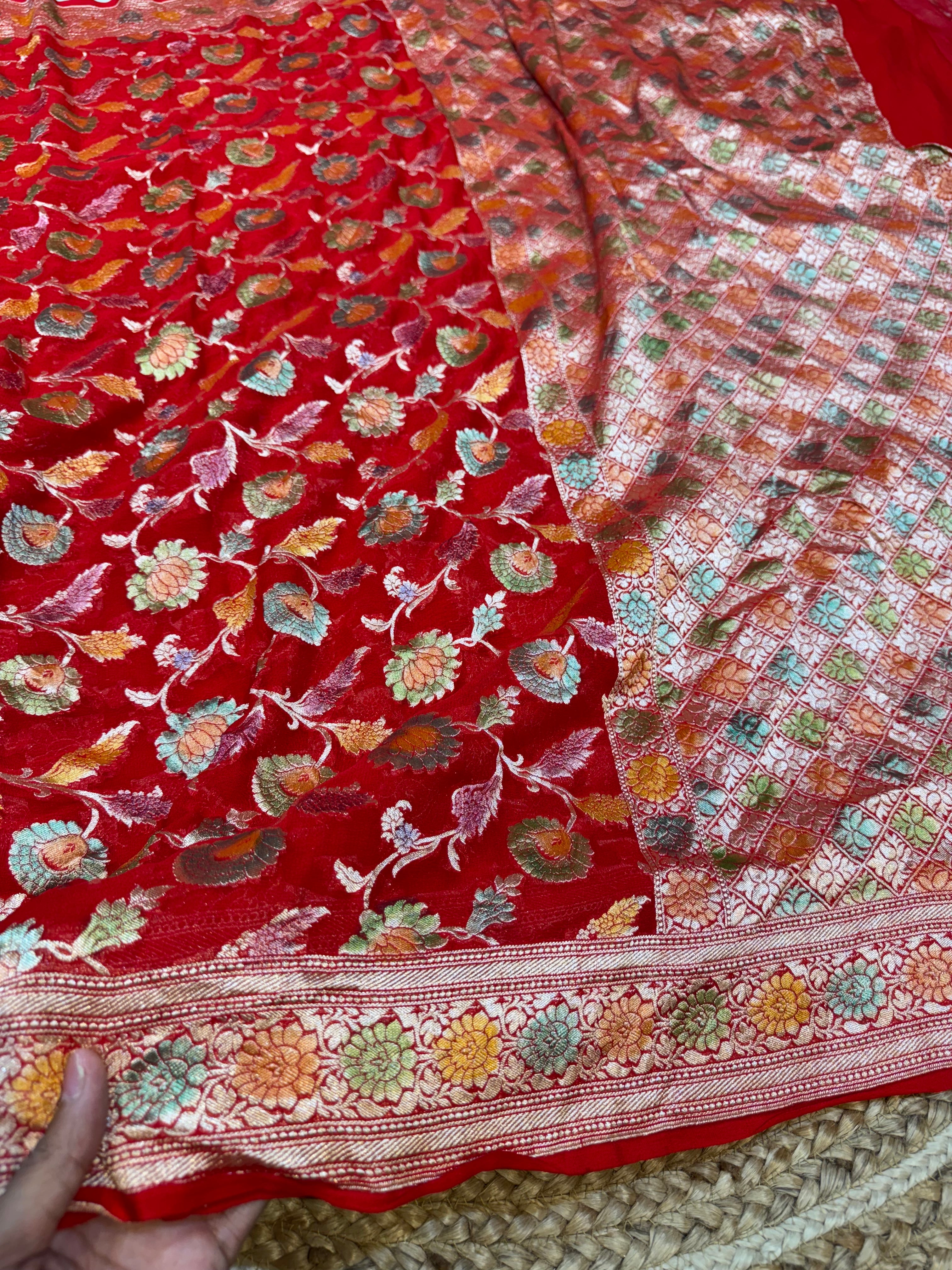 Red 100% Pure Banarasi Khaddi Georgette Meenakari Saree