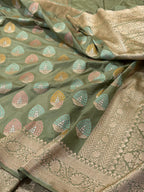 Olive Green 100% Pure Banarasi Katan Silk Tilfi-Meenakari Saree