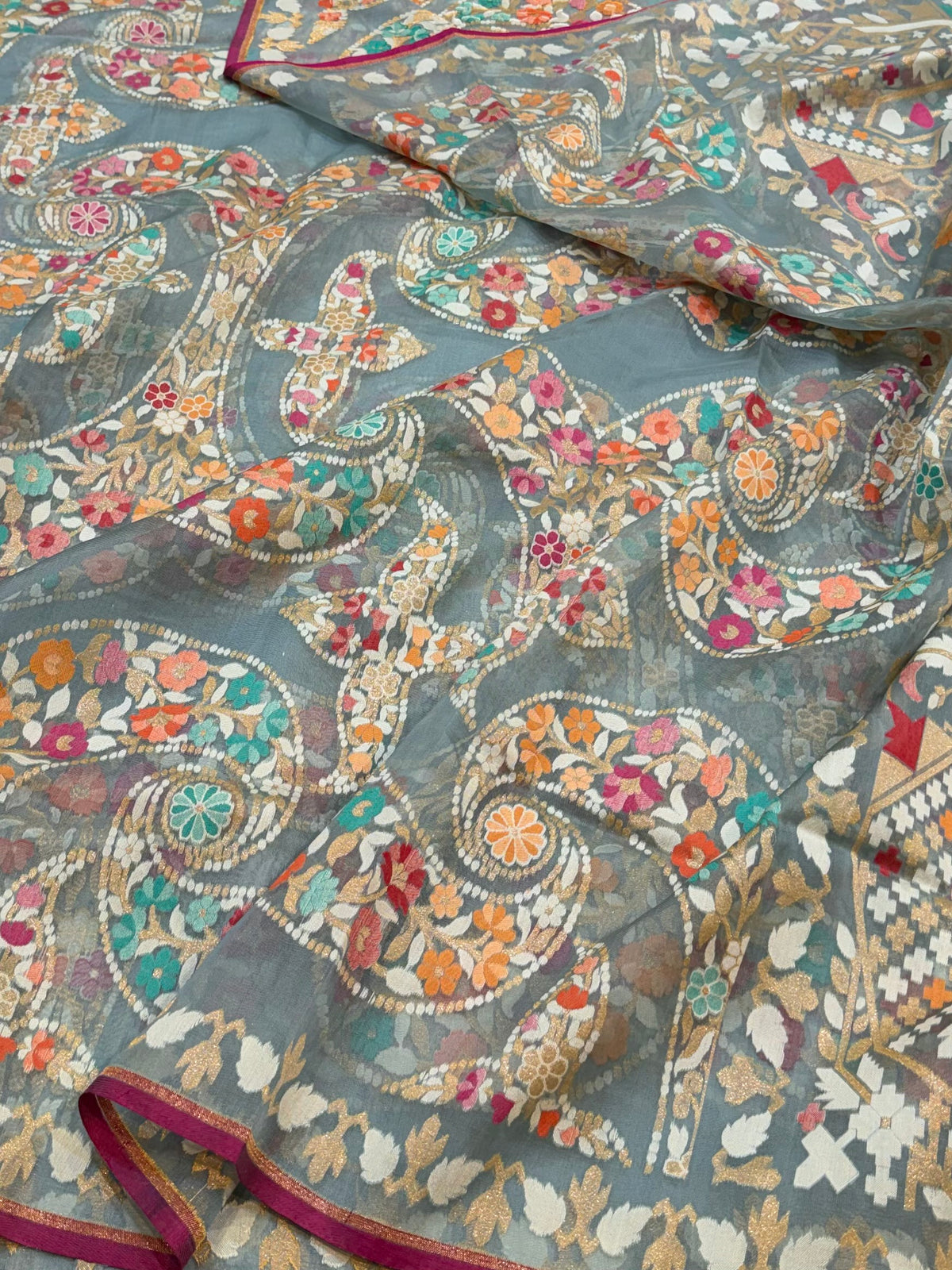 Powder Blue Pure Handloom Banarasi Ektara Kora Jamdani Saree