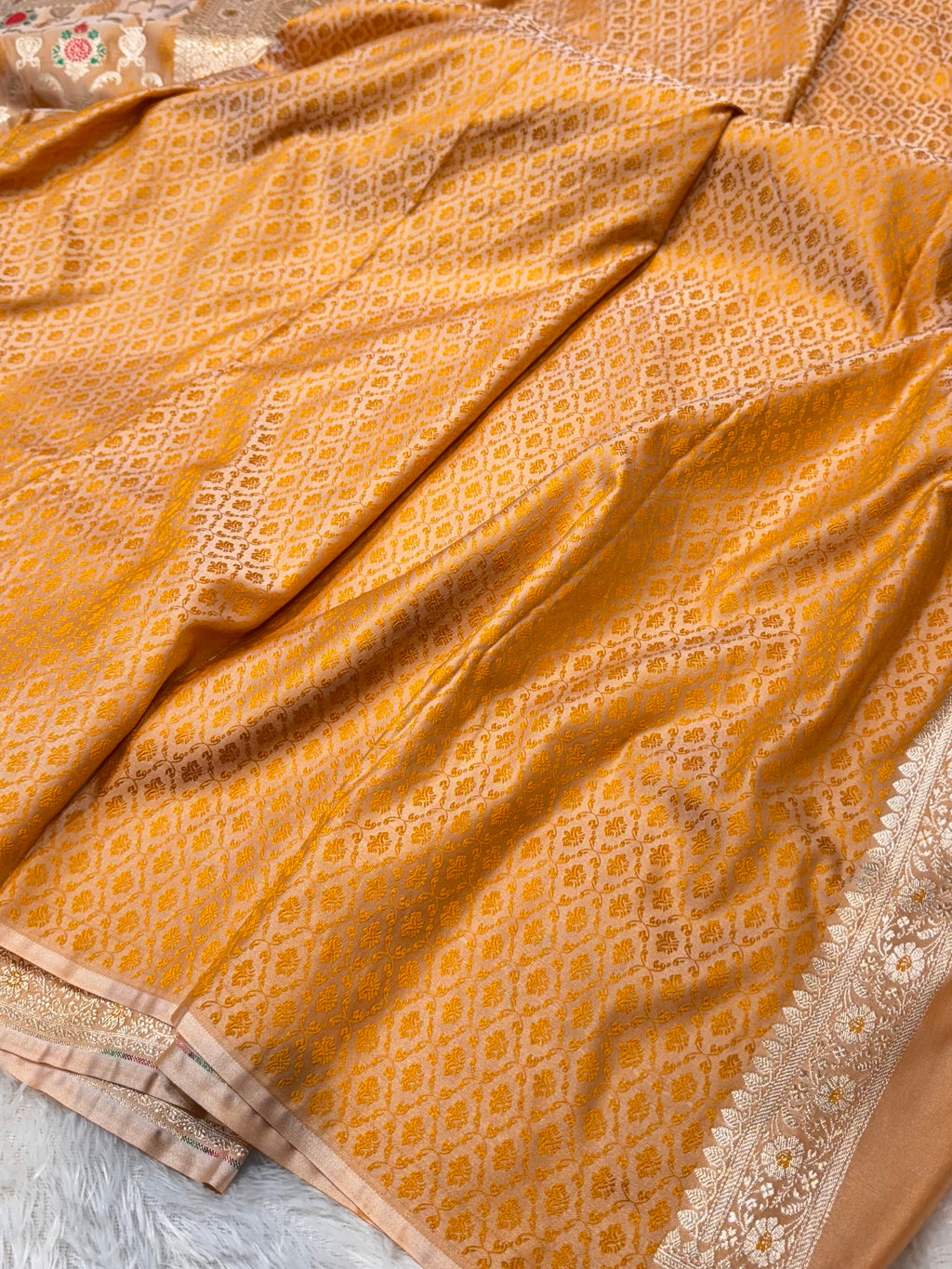 Mustard Yellow Banarasi Soft Mashru Silk Partywear Meenakari Saree