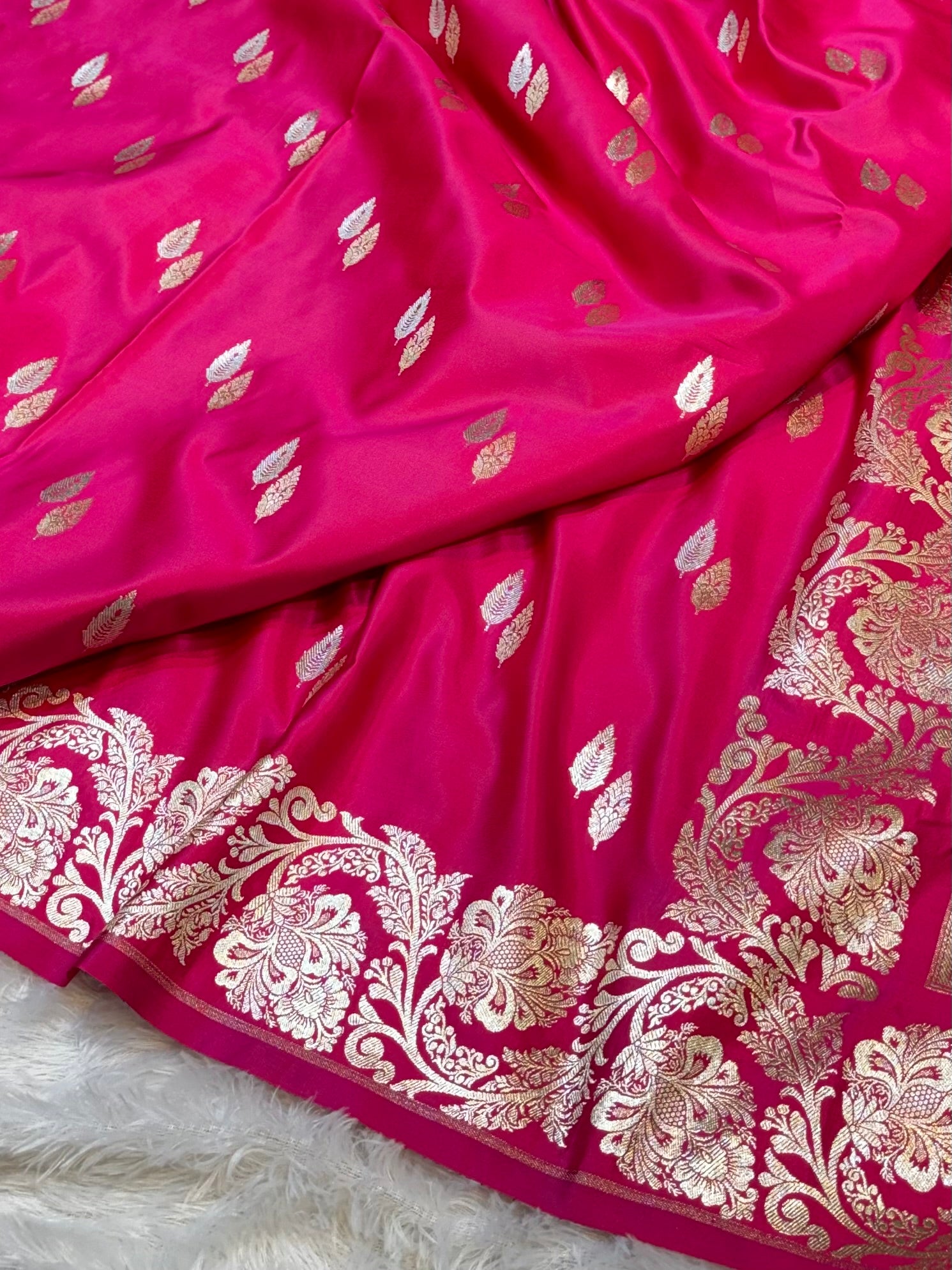 Rani Pink Banarasi Soft Meenakari Mashru Silk Partywear Saree