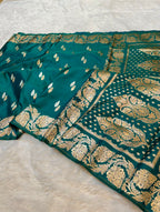 Dual Shade Peacock Green Banarasi Soft Meenakari Mashru Silk Partywear Saree