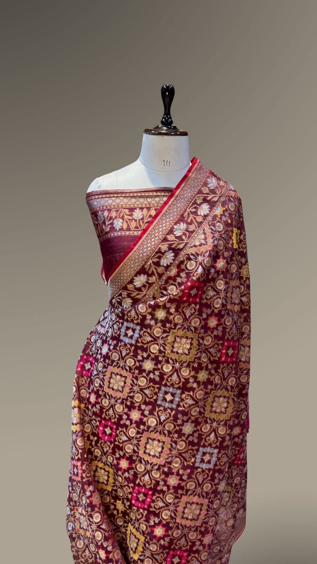 Prebook | Brown Pure Banarasi Ektara Kora Jamdani Saree
