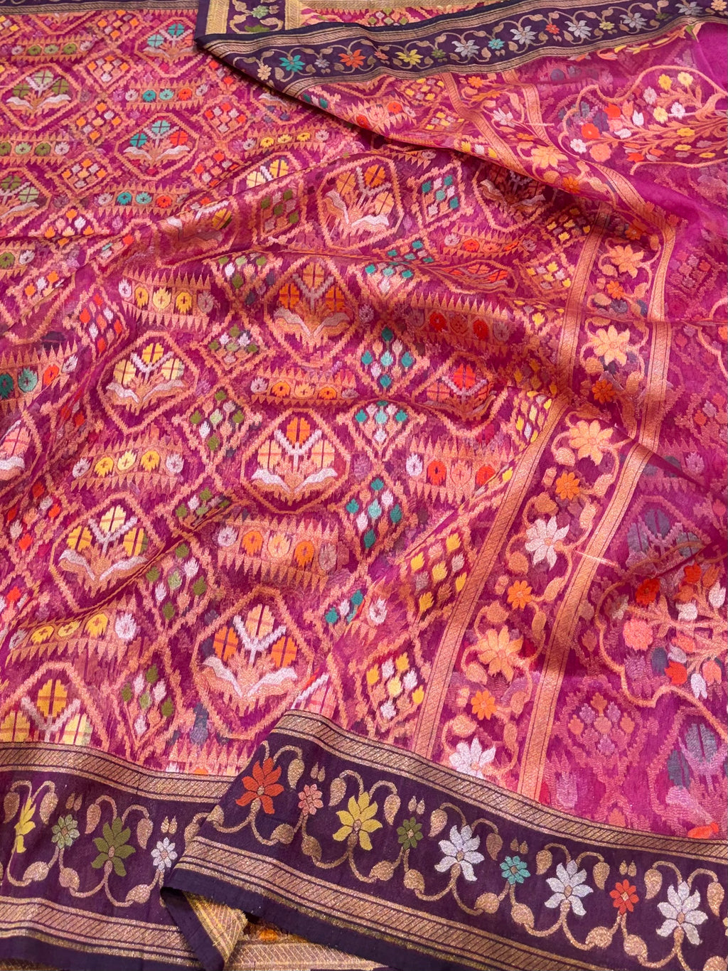 Magenta Pink 100% Pure Ektara Banarasi Kora Jamdani Saree