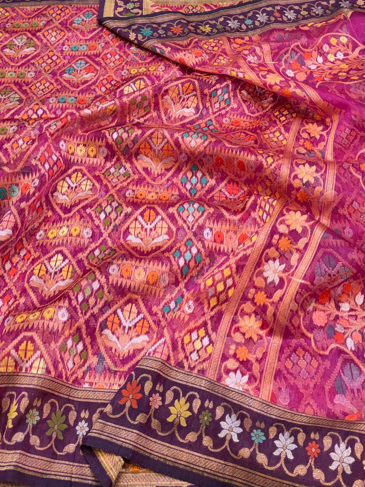 Magenta Pink 100% Pure Ektara Banarasi Kora Jamdani Saree