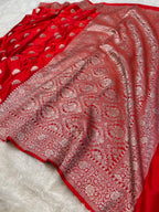 Red Banarasi Soft Mashru Silk Partywear Saree