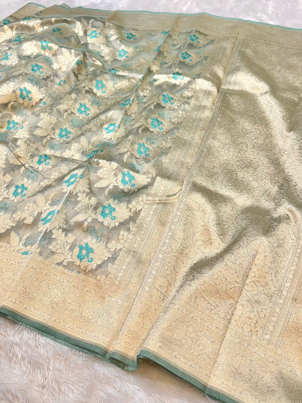 Diamond Sea Green 100% Pure Tissue Silk Banarasi Partywear Saree