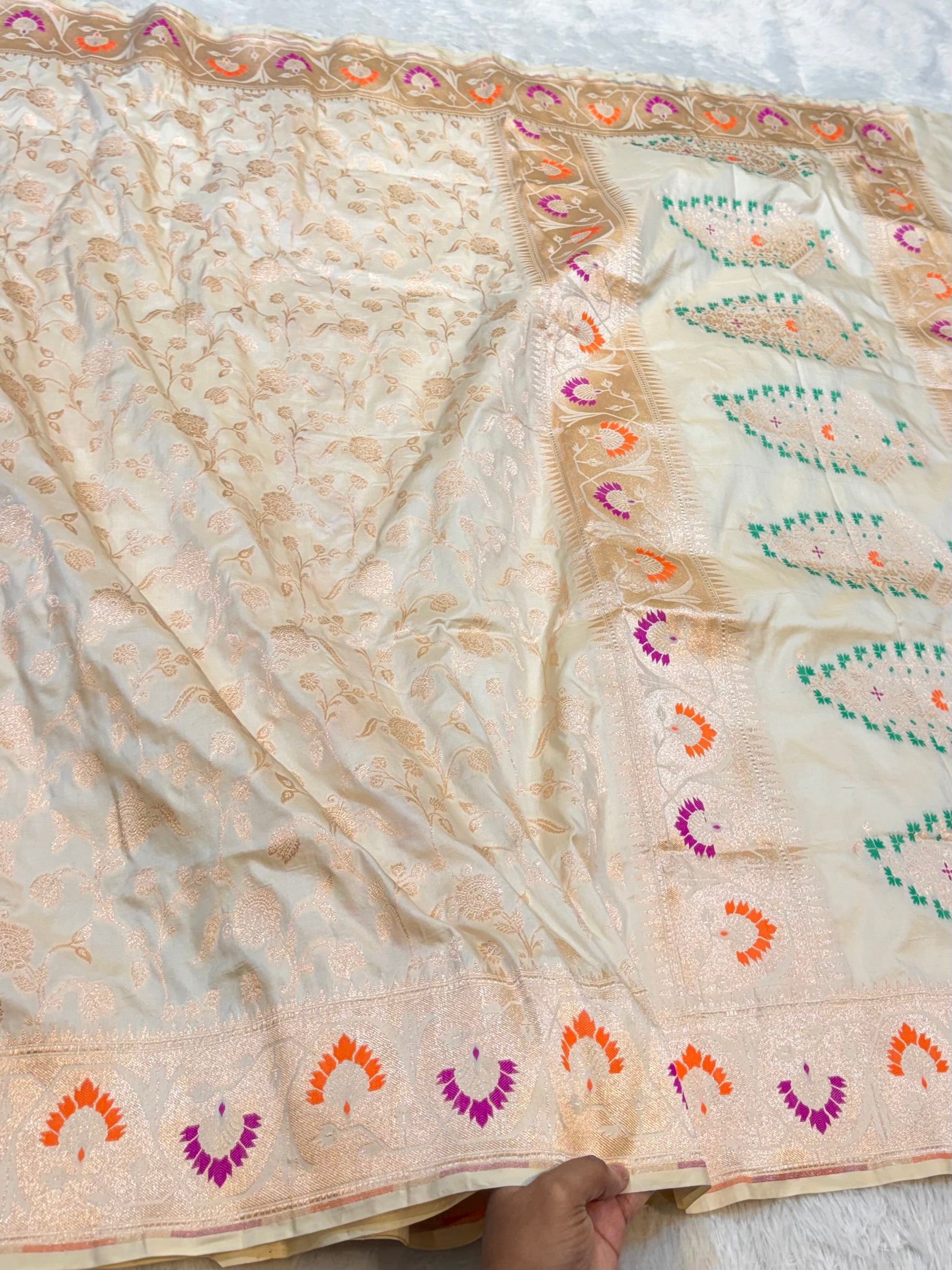 Ivory 100% Pure Banarasi Katan Silk Meenakari Paithani Saree