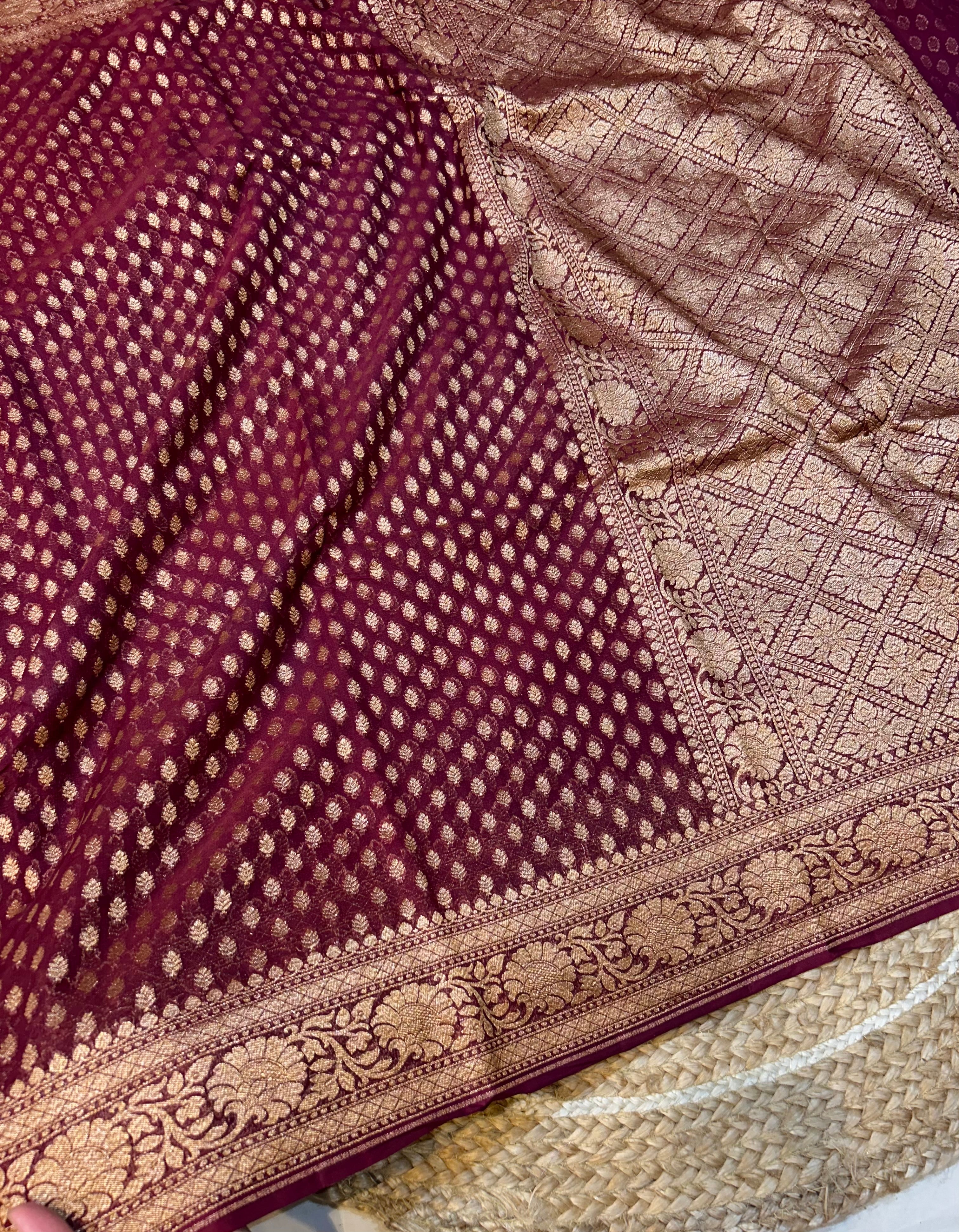 Burgundy Wine 100% Pure Banarasi Khaddi Georgette Saree