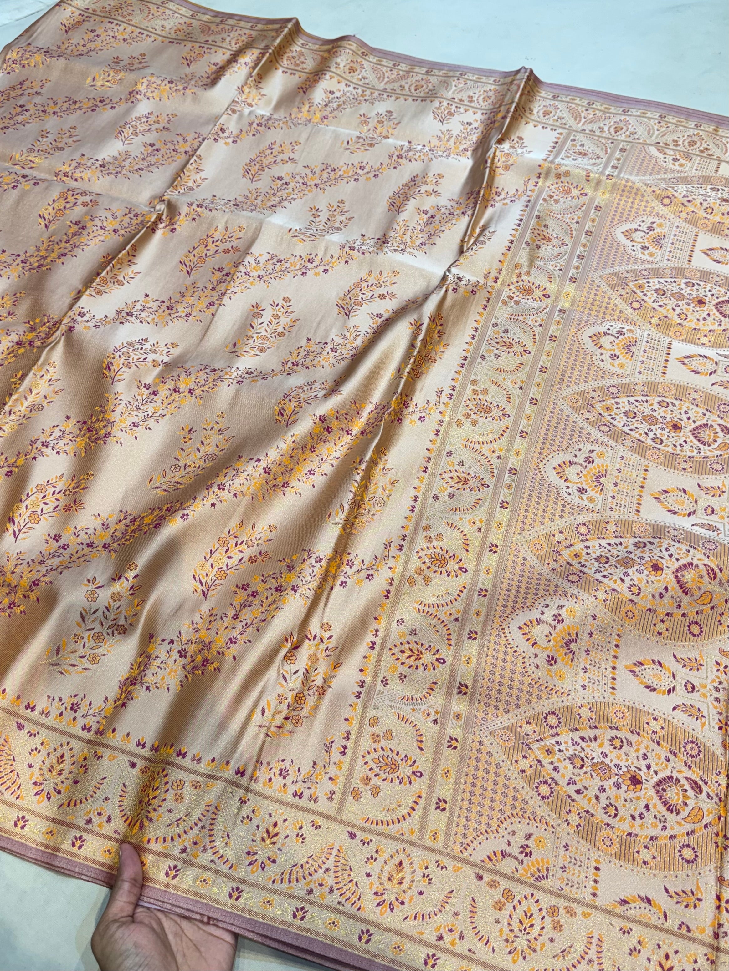 Peach Banarasi Semi Katan Silk Pashmeena Partywear Saree