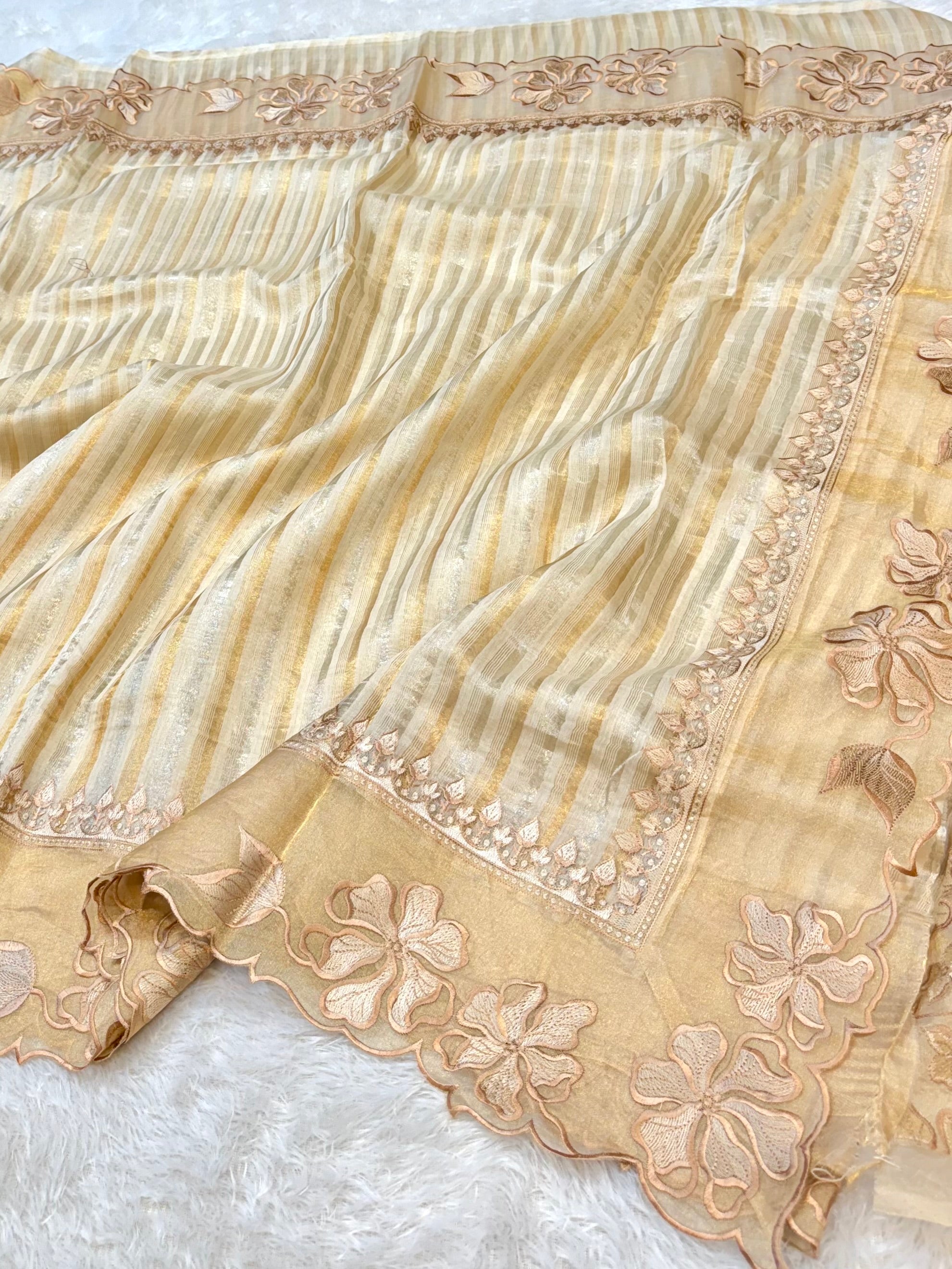 Off White 100% Pure Handloom Stripes Tissue Silk Partywear Banarasi Embroidery Lightweight Sarees