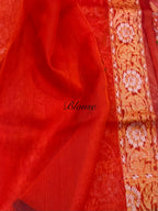 Prebook | Orangish Red Pure Banarasi Ektara Kora Jamdani Saree