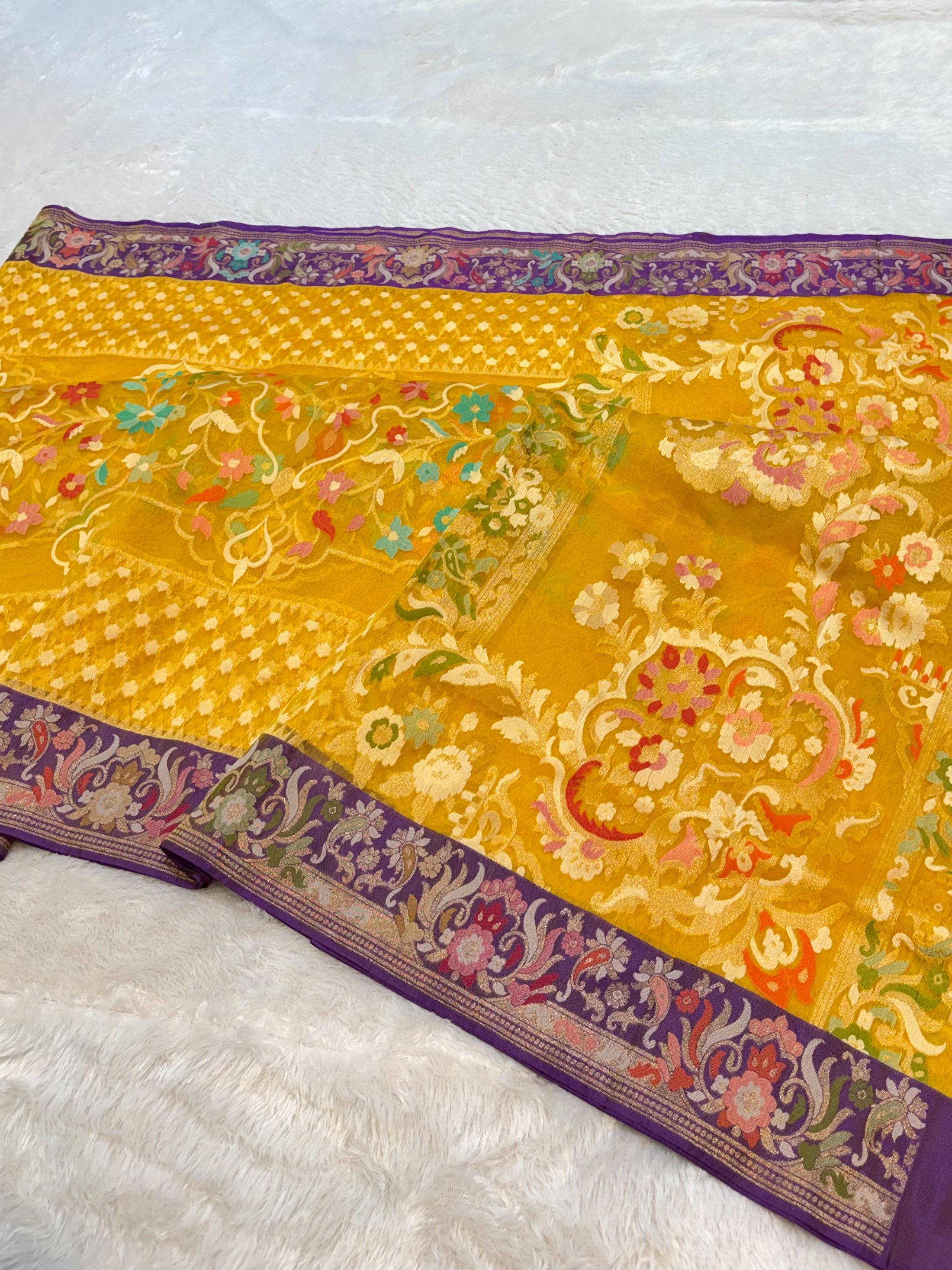 Sunflower Yellow 100% Pure Ektara Banarasi Kora Jamdani Saree