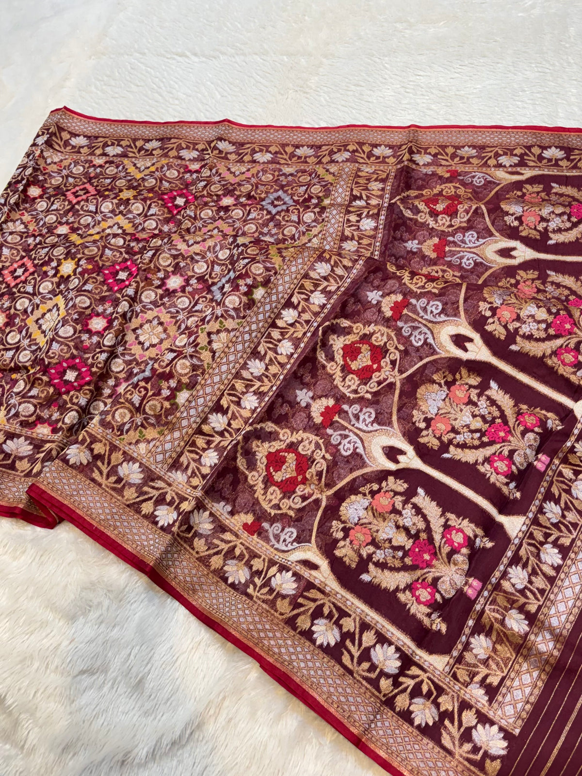 Prebook | Brown Pure Banarasi Ektara Kora Jamdani Saree