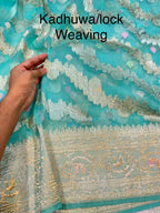 Pastel Sea Green 100% Pure Banarasi Kora Silk Handloom Handwoven Pattu Saree