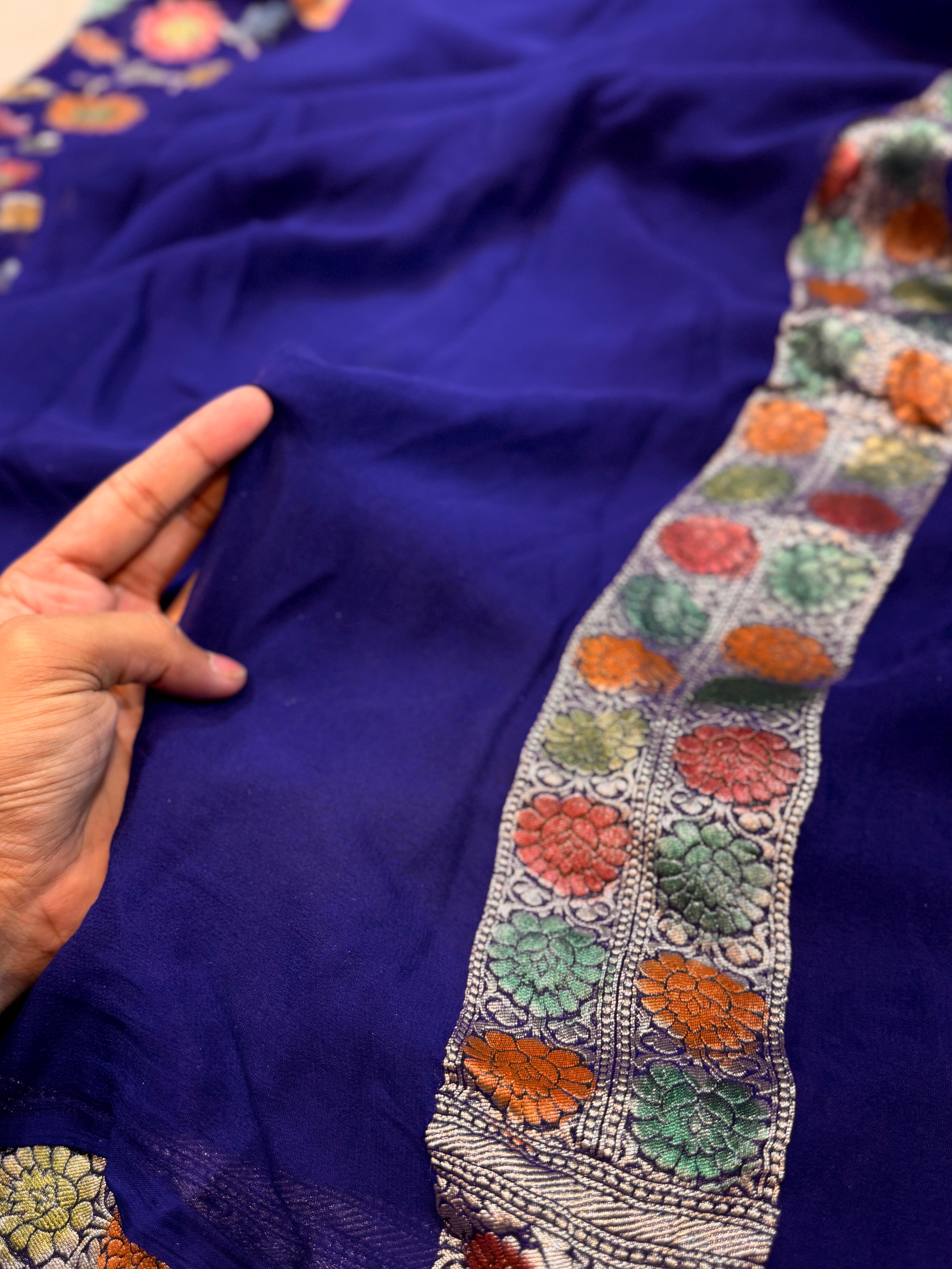 Royal Blue 100% Pure Banarasi Khaddi Georgette Meenakari Saree