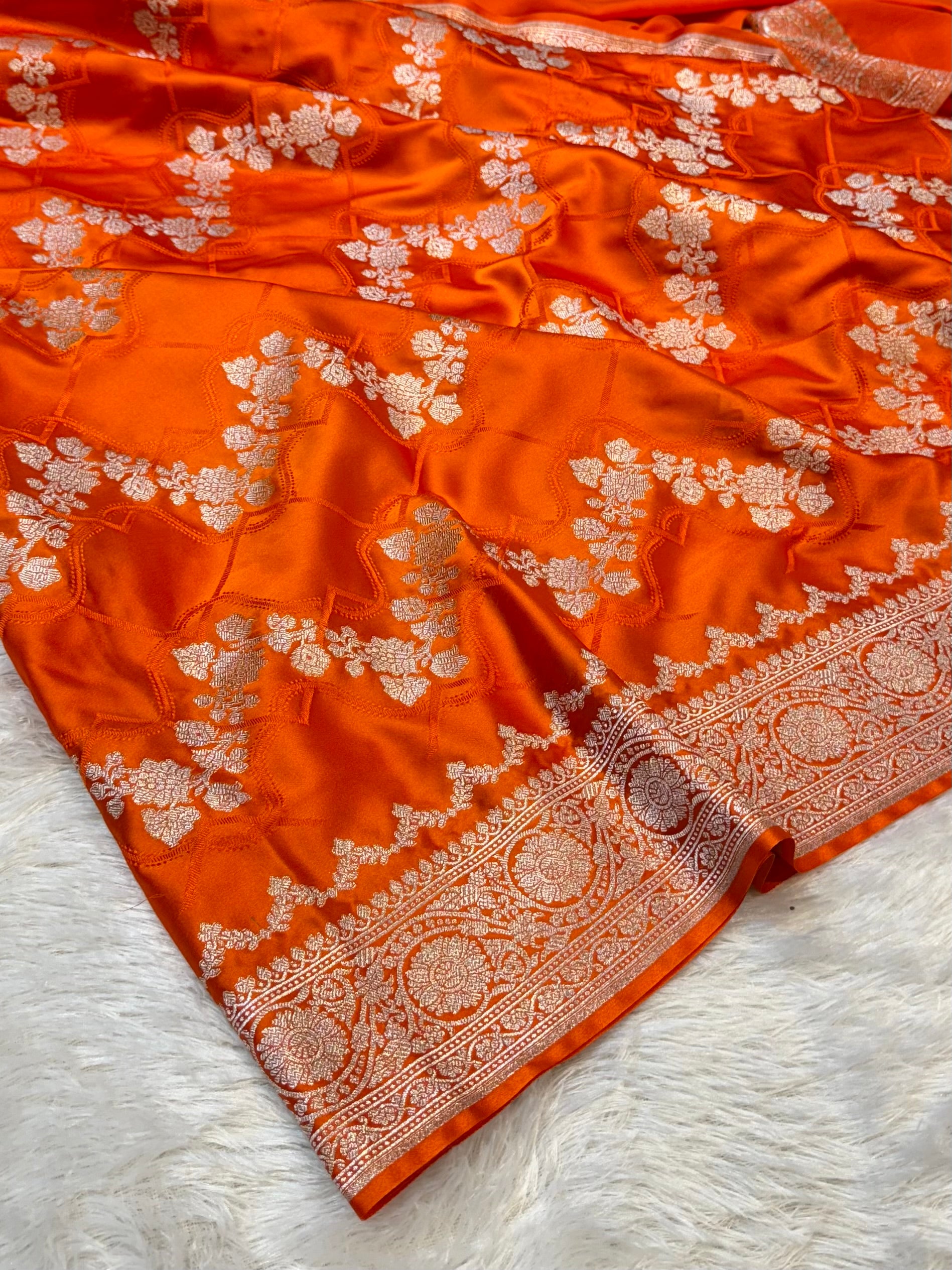 Fanta Orange Banarasi Soft Meenakari Mashru Silk Partywear Saree