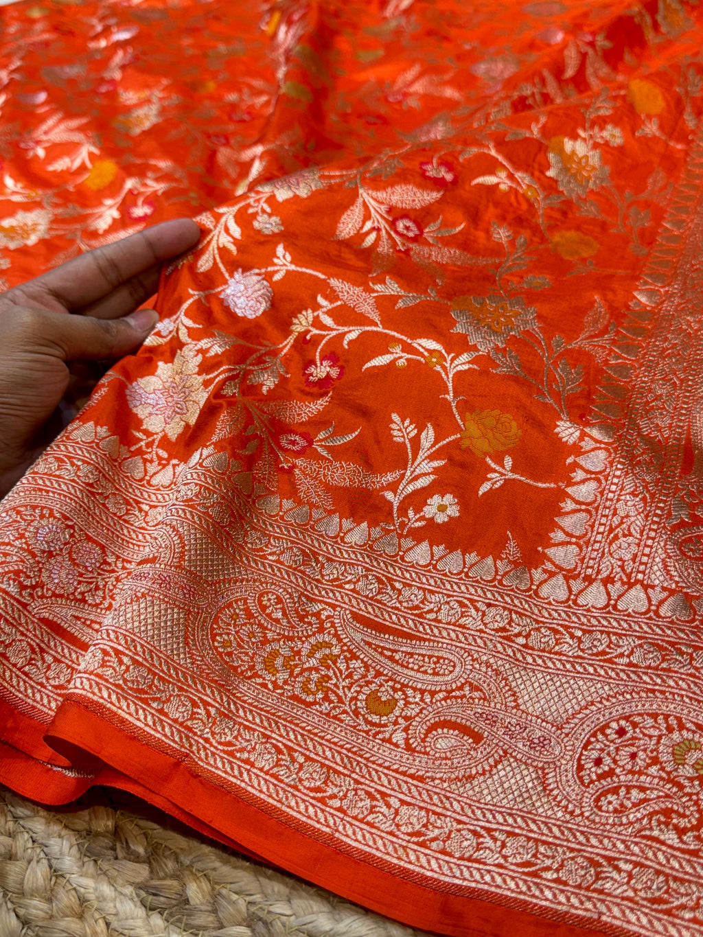 Prebook | Fanta Orange 100% Pure Banarasi Katan Silk Meenakari Saree