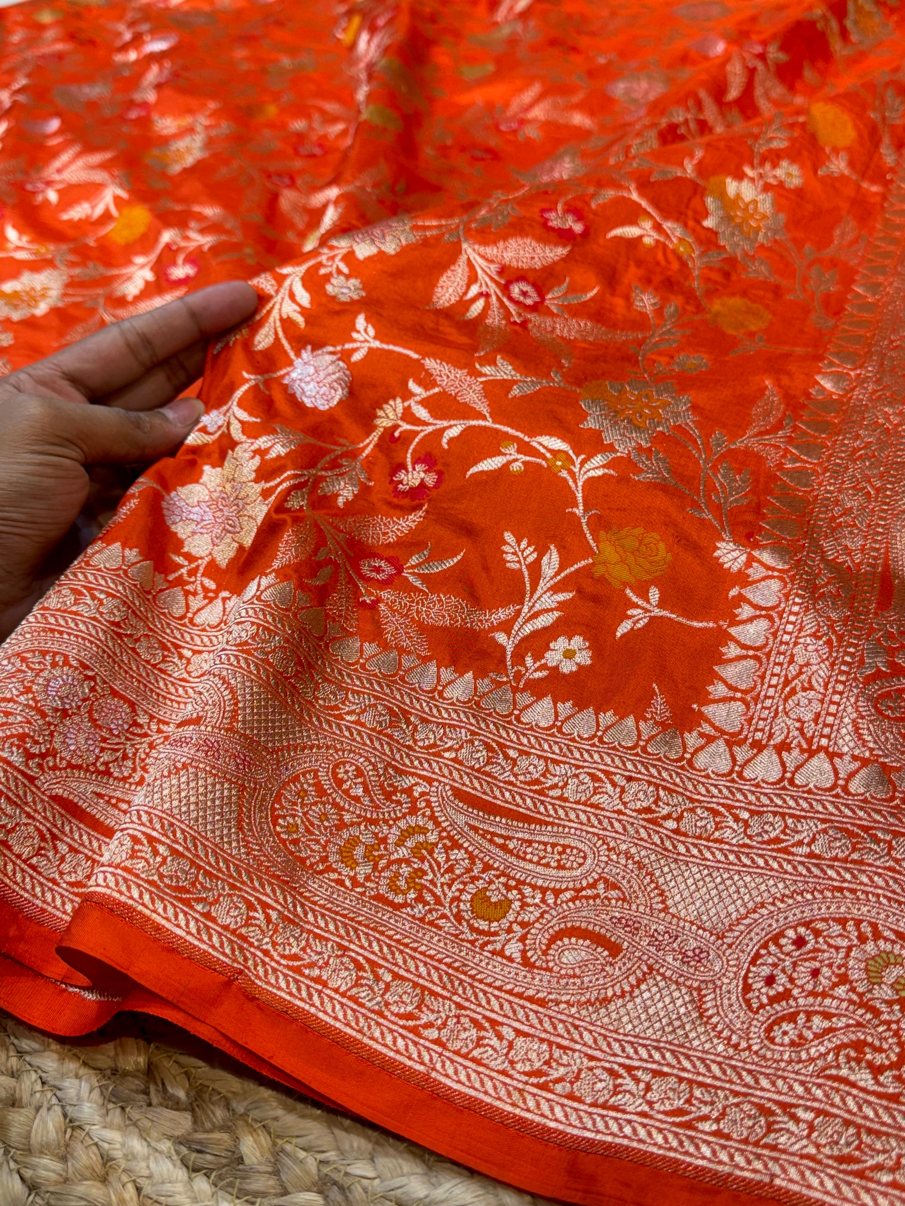 Prebook | Fanta Orange 100% Pure Banarasi Katan Silk Meenakari Saree