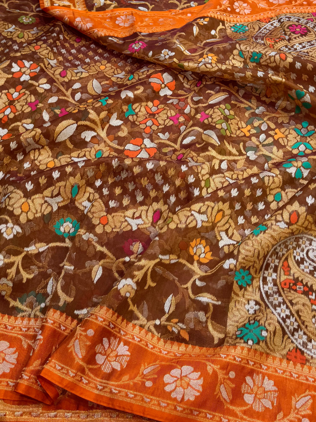 Prebook | Rust Pure Banarasi Ektara Kora Jamdani Saree