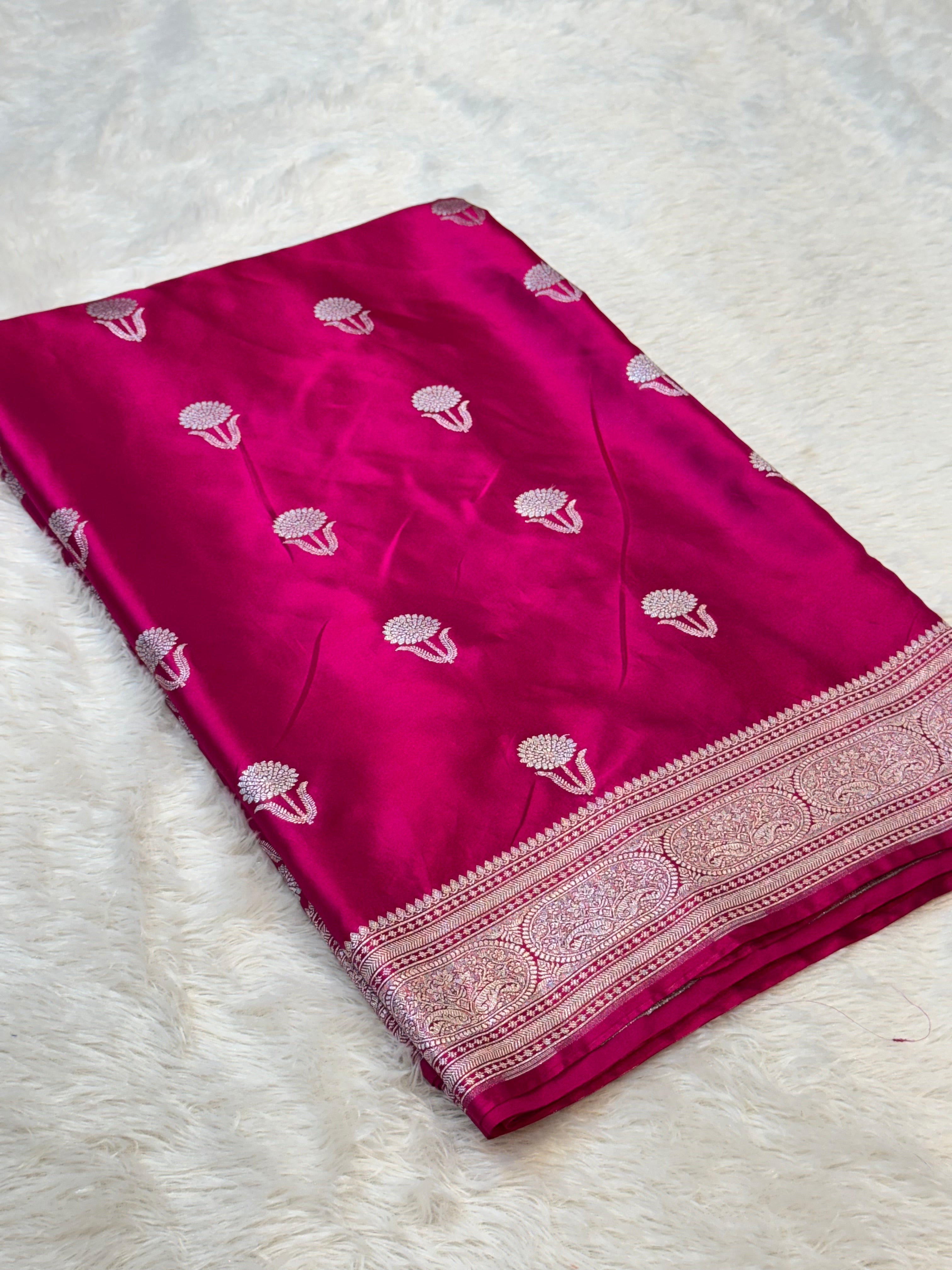 Rani Pink Banarasi Soft Meenakari Mashru Silk Partywear Saree