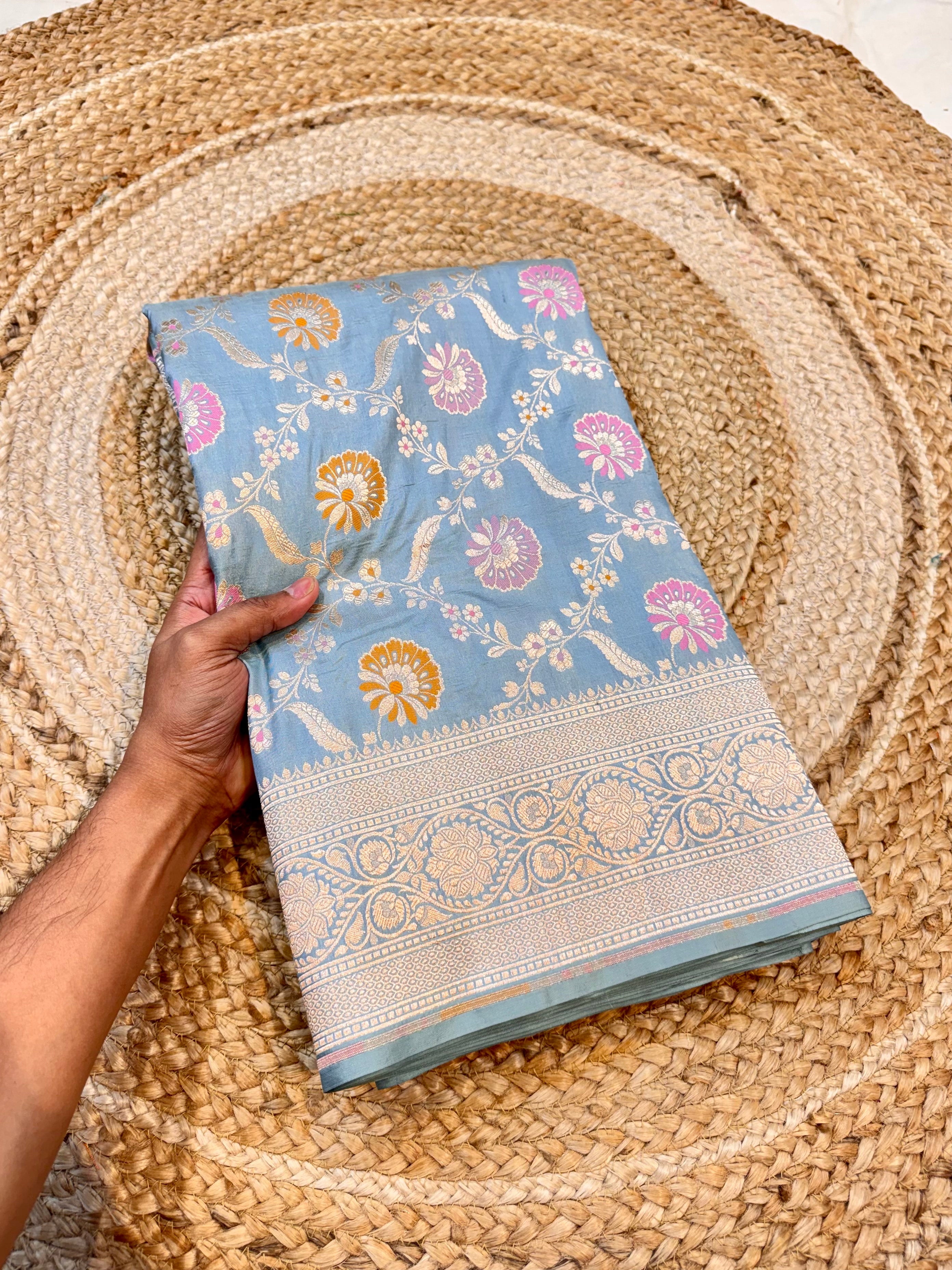 Powder Blue 100% Pure Banarasi Katan Silk Meenakari Saree