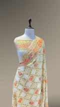 Milky White 100% Pure Banarasi Khaddi Georgette Tilfi Meenakari Saree
