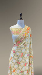 Milky White 100% Pure Banarasi Khaddi Georgette Tilfi Meenakari Saree