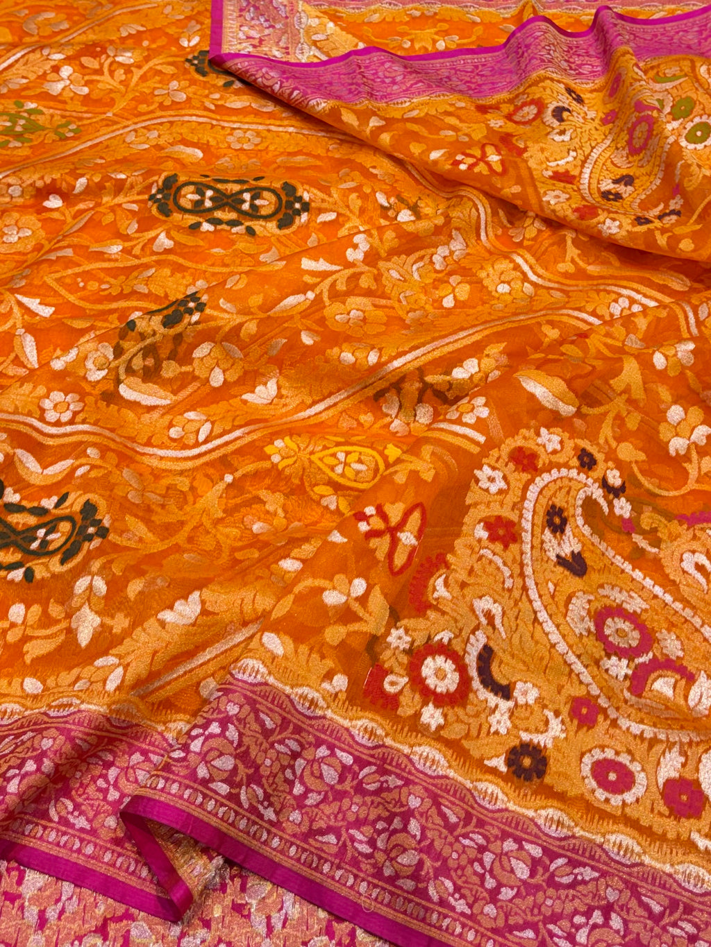 Fanta Orange 100% Pure Ektara Banarasi Kora Jamdani Saree