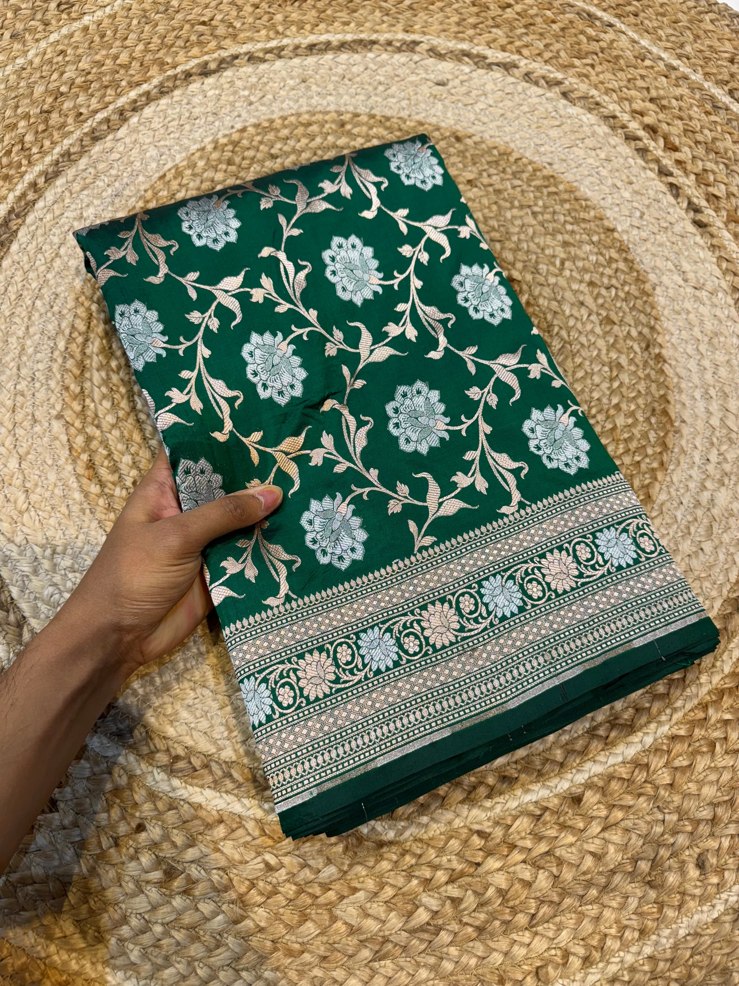 Bottle Green 100% Pure Banarasi Katan Silk Meenakari Saree